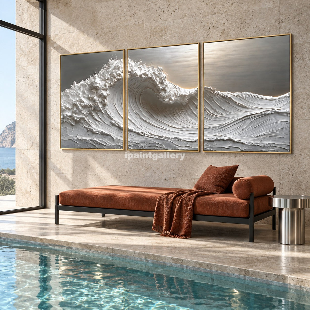 Luminous Breaker Triptych – White Textured Ocean Wave Wall Art Set#LT19