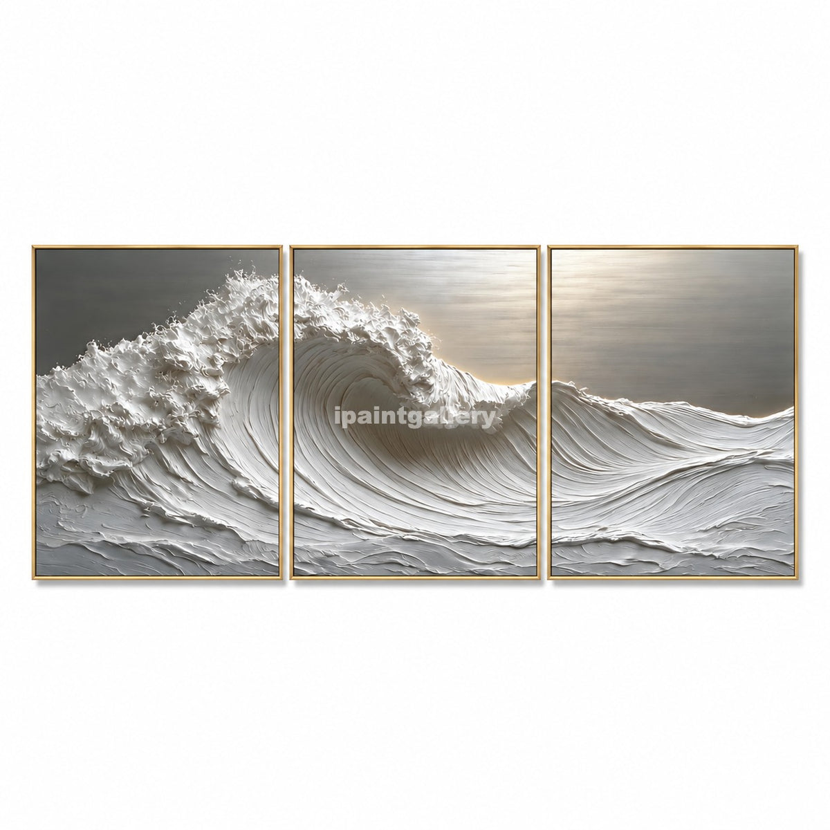 Luminous Breaker Triptych – White Textured Ocean Wave Wall Art Set#LT19