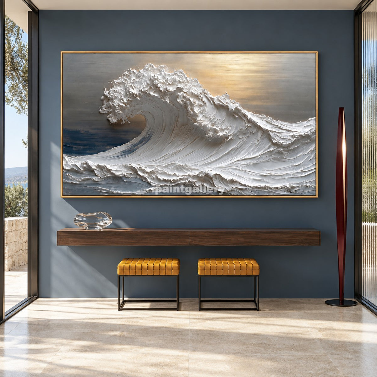 Golden Breaker – White Textured Ocean Wave Wall Art#LT29