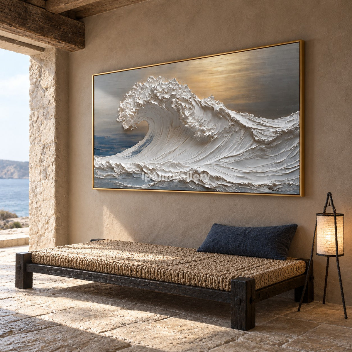 Golden Breaker – White Textured Ocean Wave Wall Art#LT29