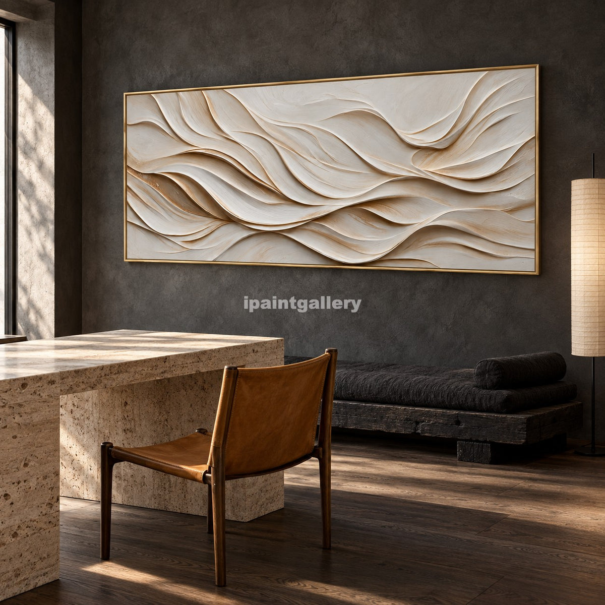 Gilded Ivory Currents – Cream and Gold Layered Wall Art#LT33