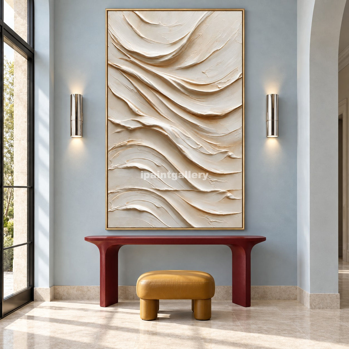 Ivory Cascade – Vertical Cream Textured Wall Art#LT37