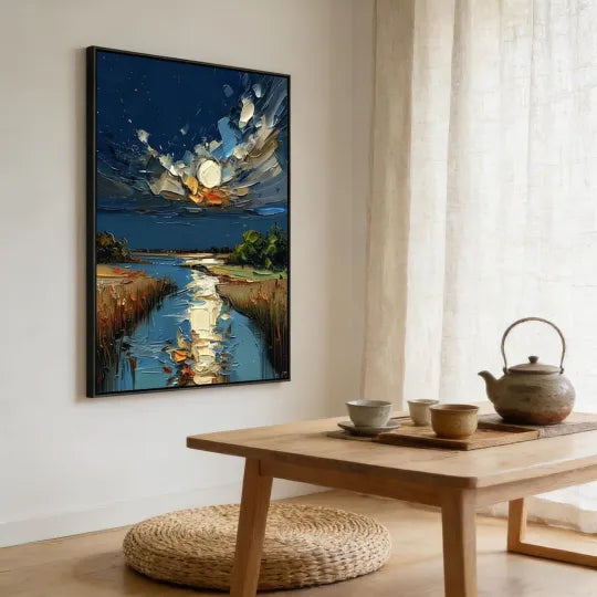 Moonlit River – Textured Night Landscape Oil Painting#ip0921002