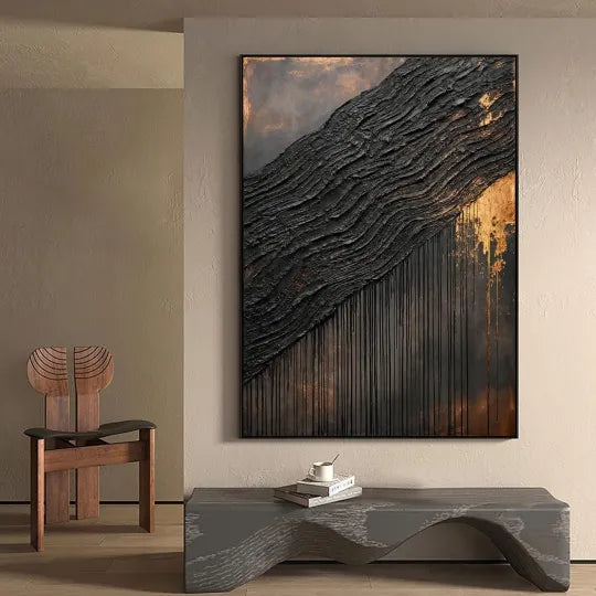 Gilded Tides – Black and Gold Textured Abstract Painting#ip0921003