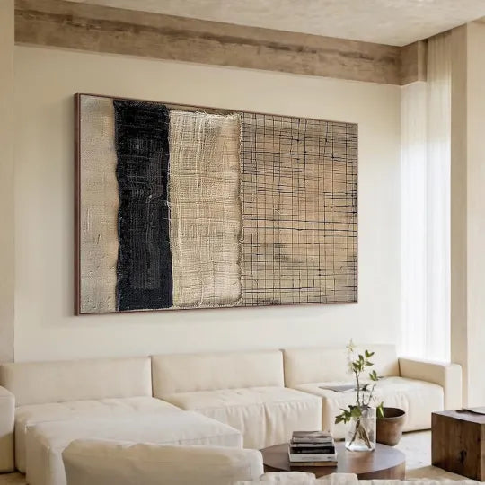 Woven Lines – Neutral Black and Beige Textured Abstract Painting#ip0921005