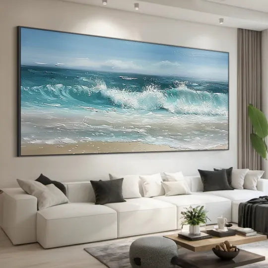 Sunlit Shore – Textured Coastal Seascape Oil Painting#ip0921008