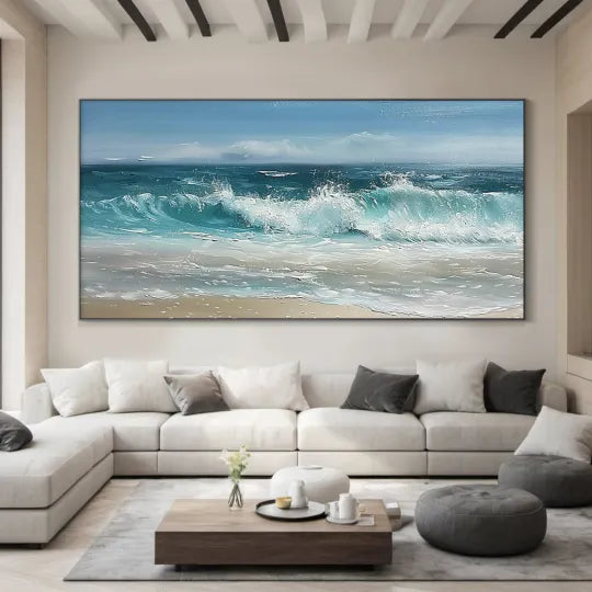 Sunlit Shore – Textured Coastal Seascape Oil Painting#ip0921008