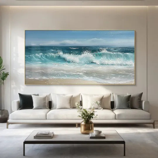 Sunlit Shore – Textured Coastal Seascape Oil Painting#ip0921008