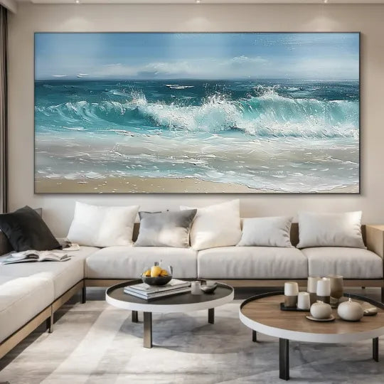 Sunlit Shore – Textured Coastal Seascape Oil Painting#ip0921008