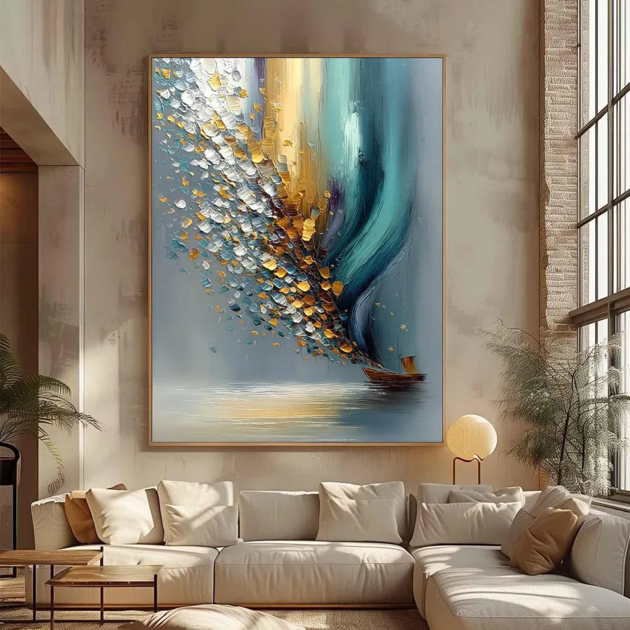 Sailing into Light – Blue and Gold Textured Sailboat Painting#ip0921010