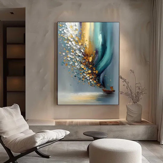 Sailing into Light – Blue and Gold Textured Sailboat Painting#ip0921010