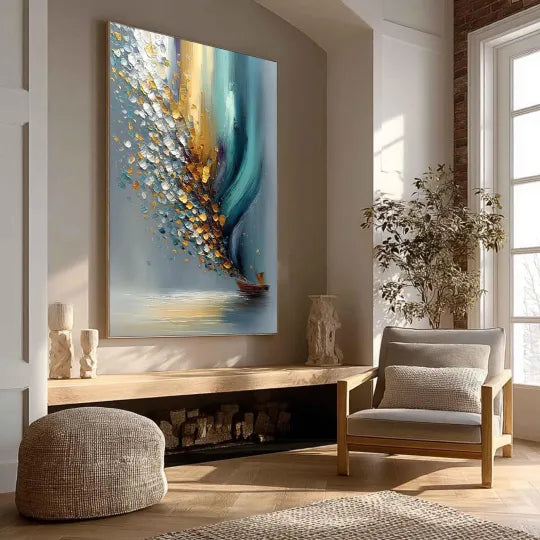 Sailing into Light – Blue and Gold Textured Sailboat Painting#ip0921010