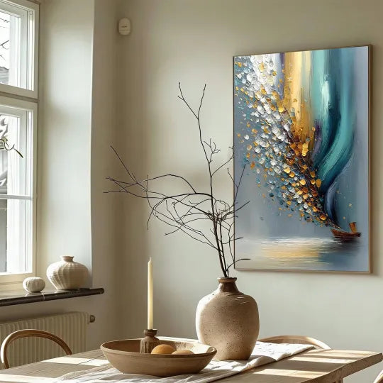Sailing into Light – Blue and Gold Textured Sailboat Painting#ip0921010