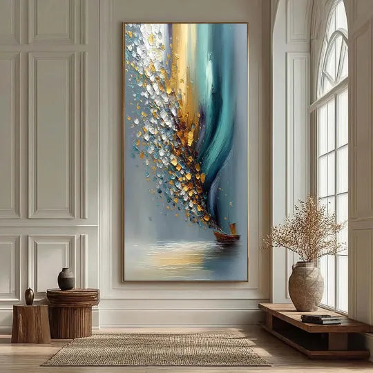 Sailing into Light – Blue and Gold Textured Sailboat Painting#ip0921010