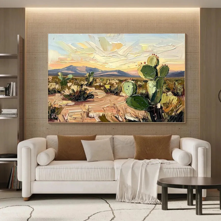 Desert Bloom – Textured Cactus Landscape Oil Painting#ip0921016