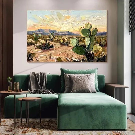 Desert Bloom – Textured Cactus Landscape Oil Painting#ip0921016