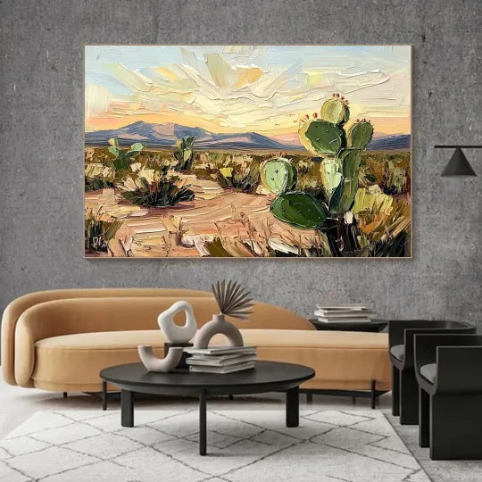 Desert Bloom – Textured Cactus Landscape Oil Painting#ip0921016