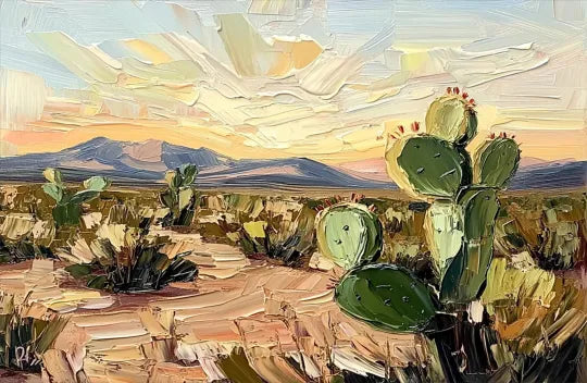 Desert Bloom – Textured Cactus Landscape Oil Painting#ip0921016