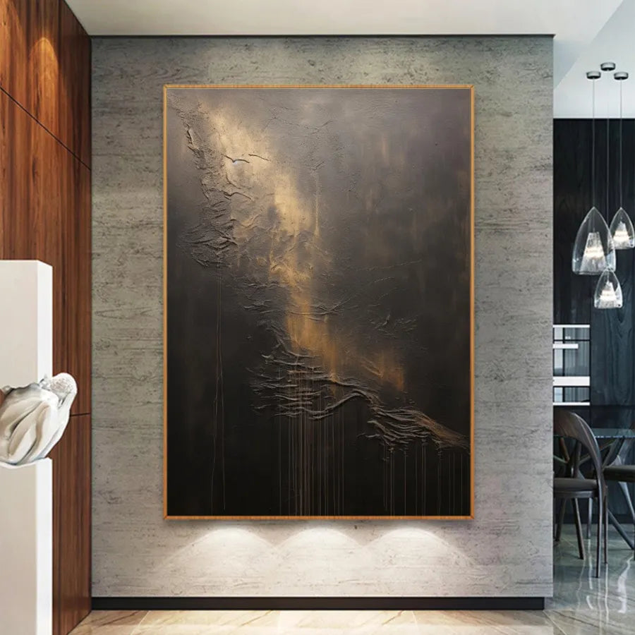 Veil of Light – Black and Gold Textured Abstract Painting#ip0921017