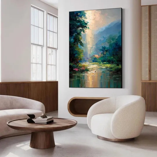 Valley of Light – Textured Forest River Oil Painting#ip0921021