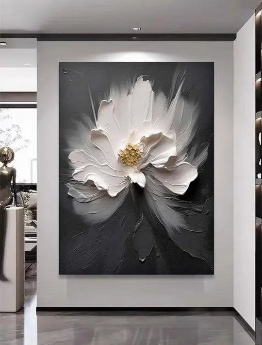 Sculpted Bloom – Black and White Textured Floral Wall Art#ip0921034