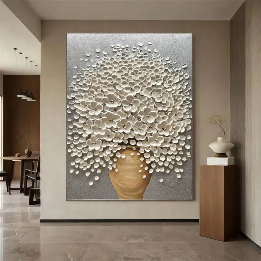 Golden Bloom – White Textured Floral Vase Painting#ip0921039