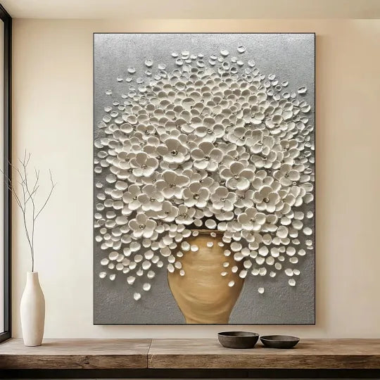 Golden Bloom – White Textured Floral Vase Painting#ip0921039
