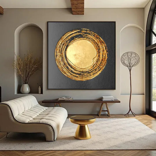 Golden Orbit – Black and Gold Textured Circle Painting#ip0921041