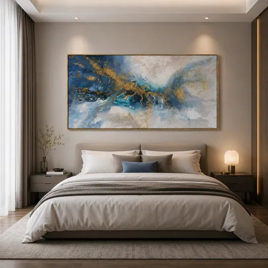 Gilded Current – Blue, White and Gold Abstract Wall Art#ip0921049