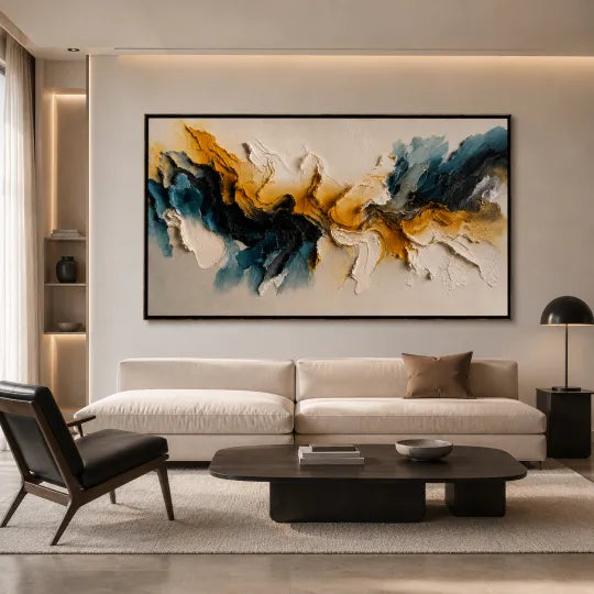 Gilded Fault Line – Navy and Gold Textured Abstract Wall Art#ip0921050