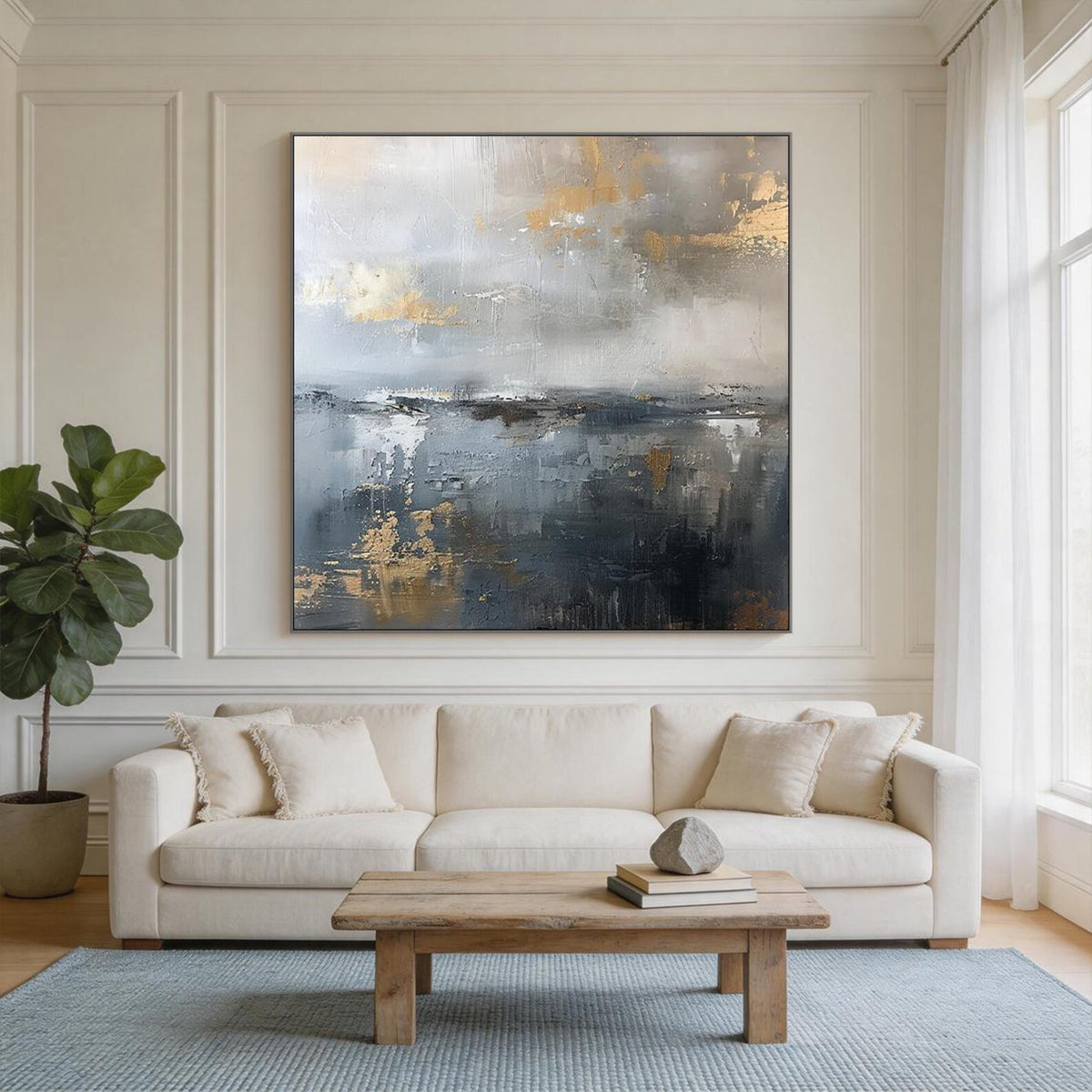 Gilded Stillness – Gray Blue and Gold Abstract Wall Art#ip0921080