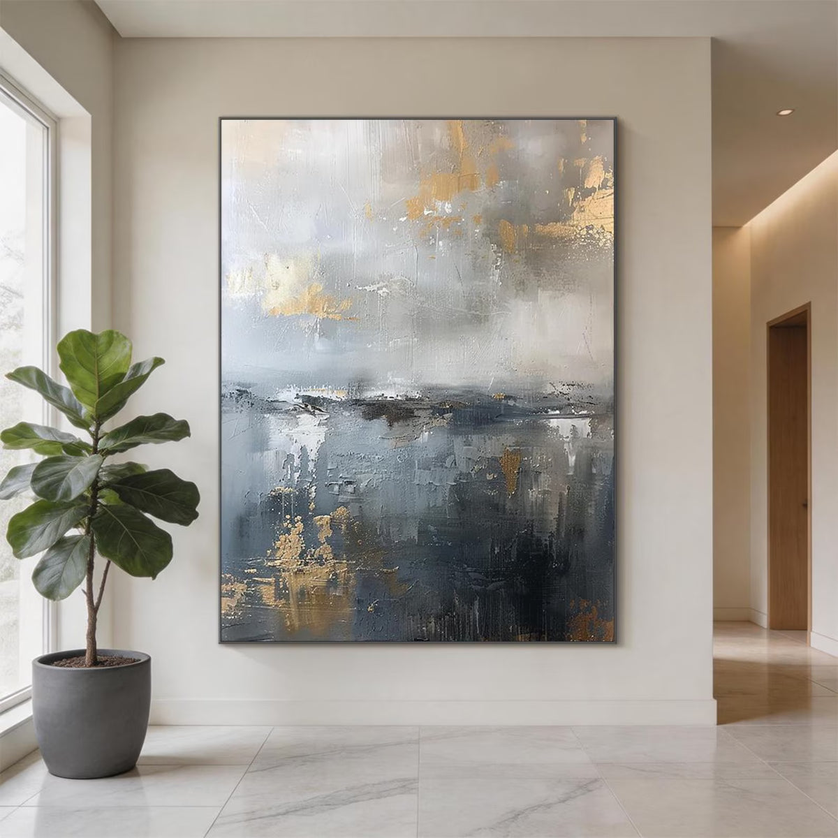 Gilded Stillness – Gray Blue and Gold Abstract Wall Art#ip0921080