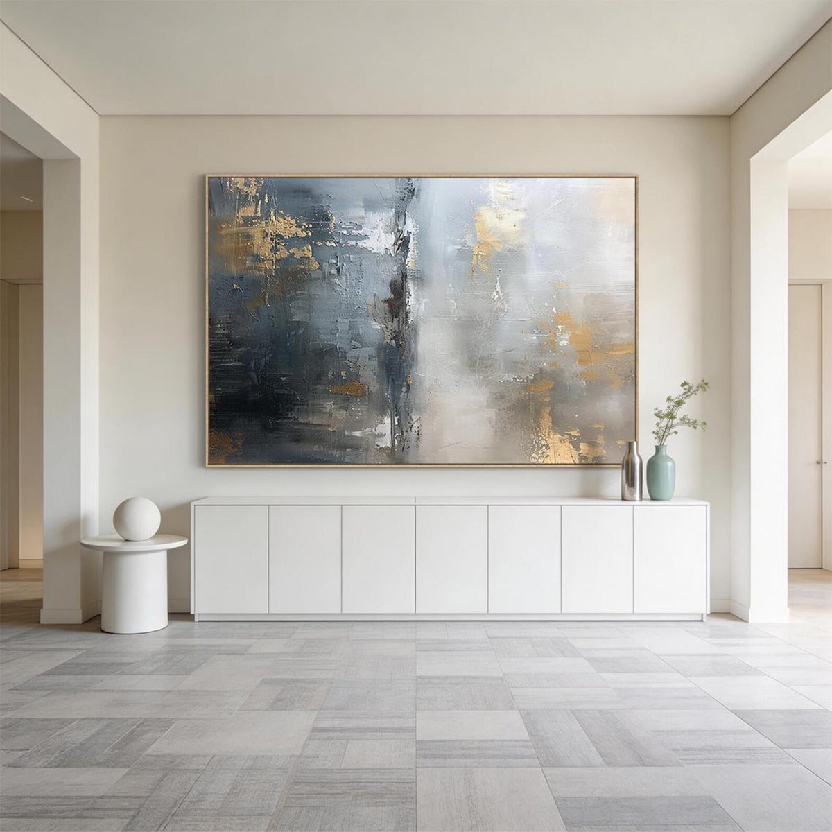 Gilded Stillness – Gray Blue and Gold Abstract Wall Art#ip0921080