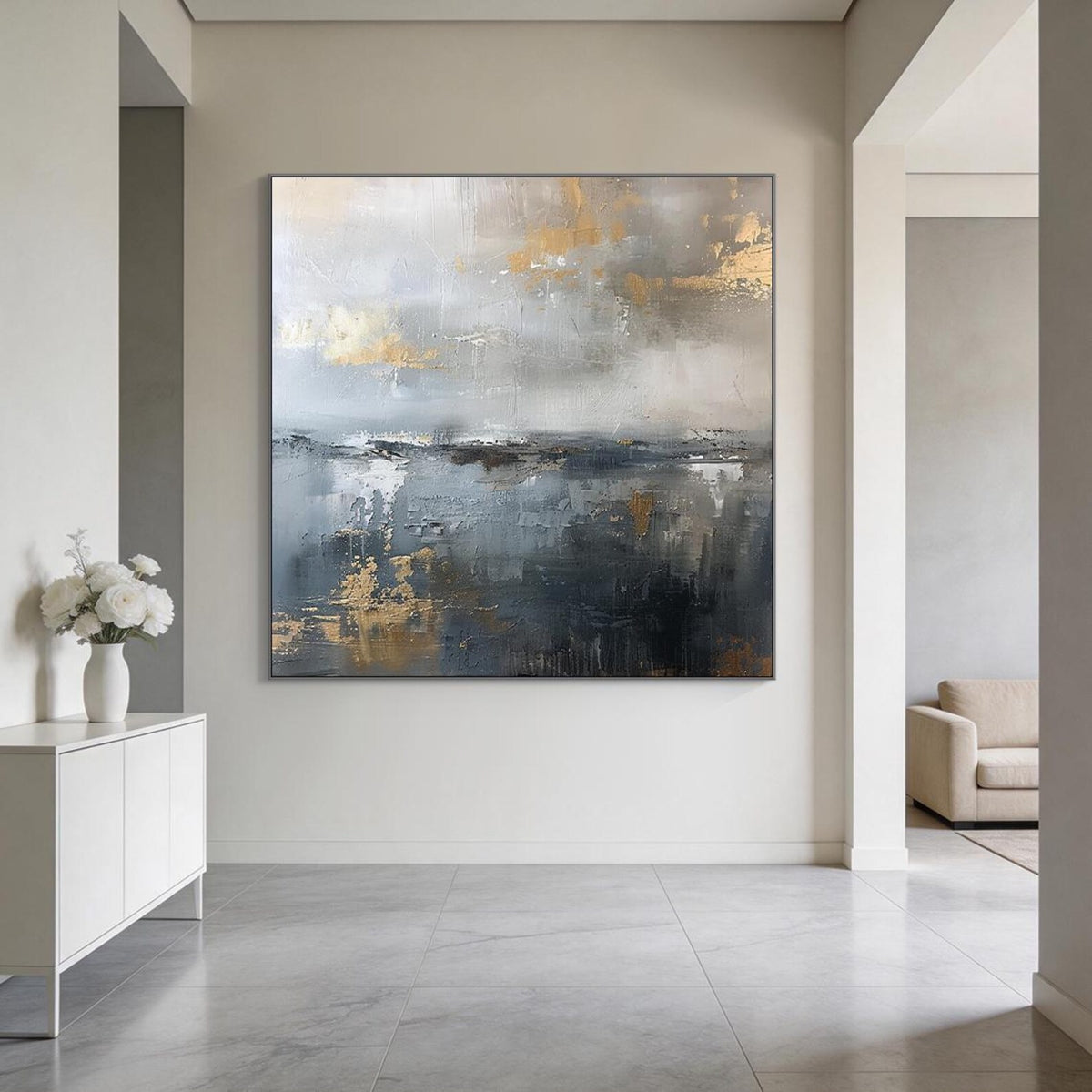 Gilded Stillness – Gray Blue and Gold Abstract Wall Art#ip0921080