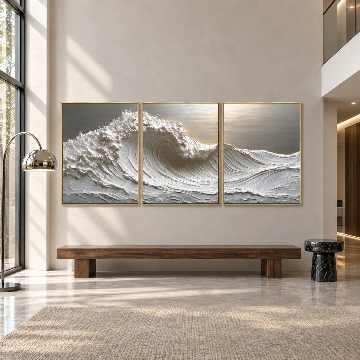 Luminous Breaker Triptych – White Textured Ocean Wave Wall Art Set#LT19