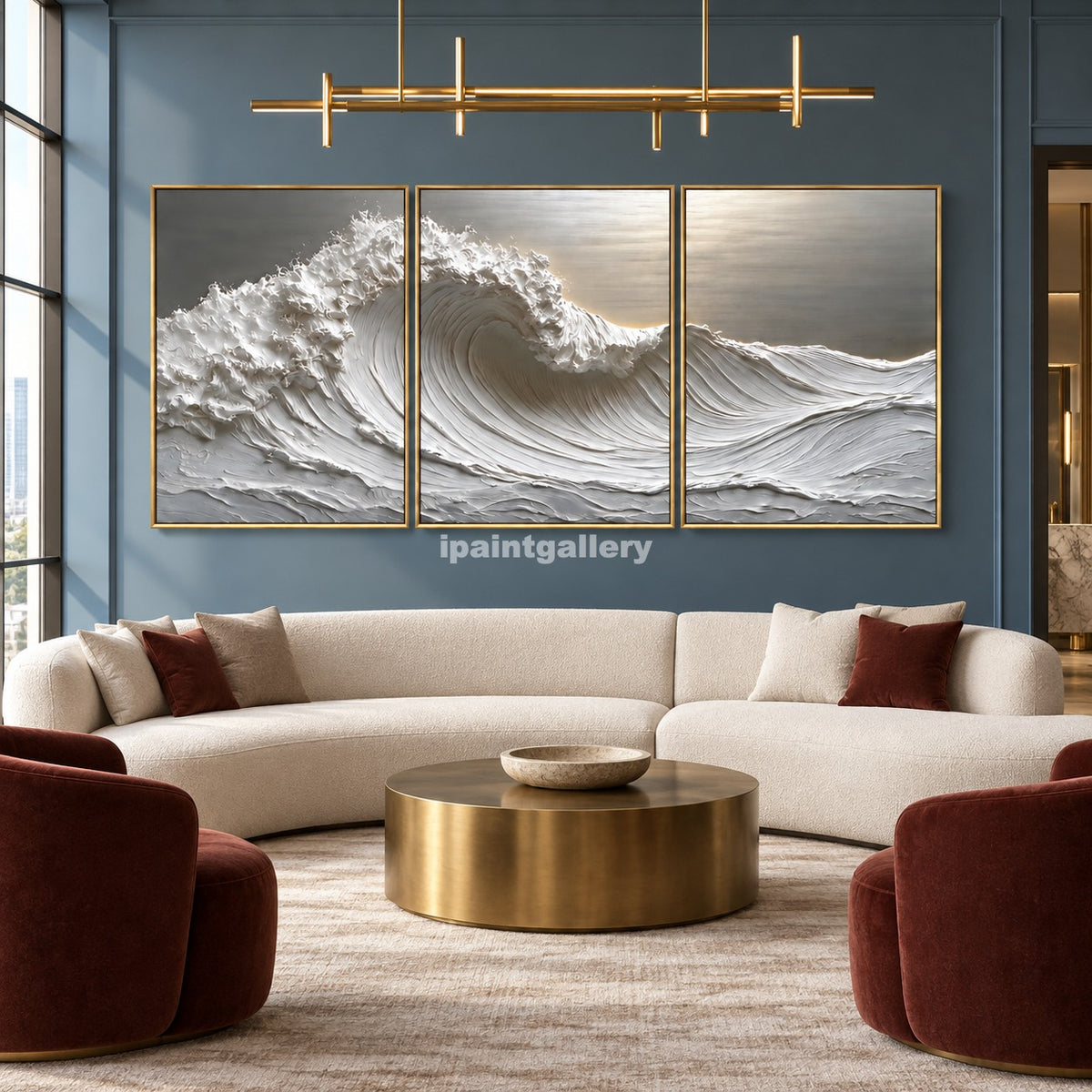 Luminous Breaker Triptych – White Textured Ocean Wave Wall Art Set#LT19