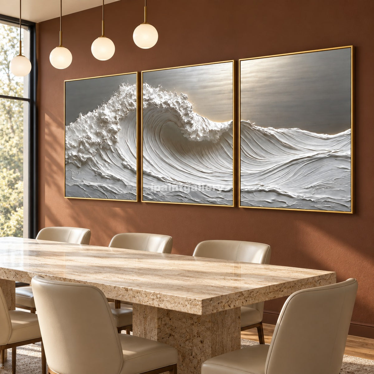 Luminous Breaker Triptych – White Textured Ocean Wave Wall Art Set#LT19