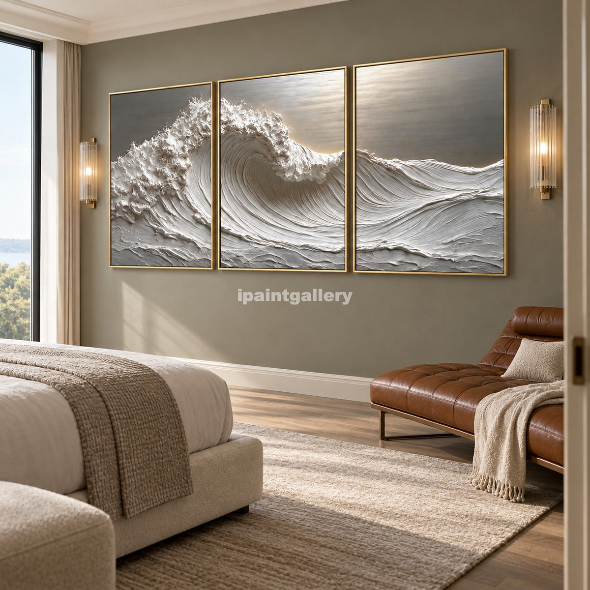 Luminous Breaker Triptych – White Textured Ocean Wave Wall Art Set#LT19