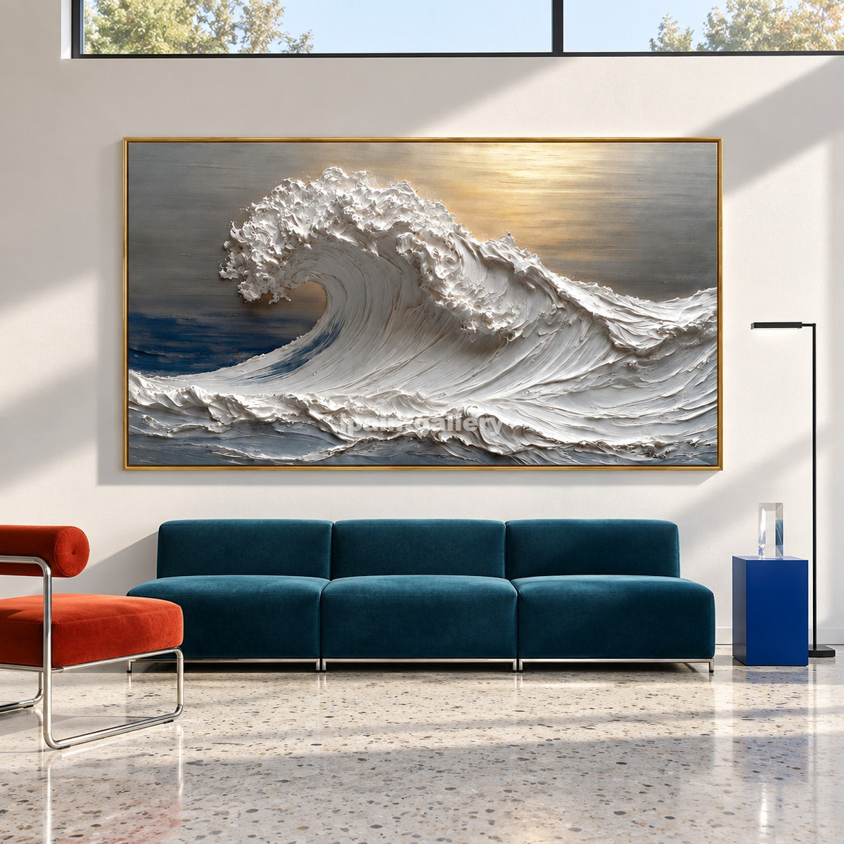Golden Breaker – White Textured Ocean Wave Wall Art#LT29