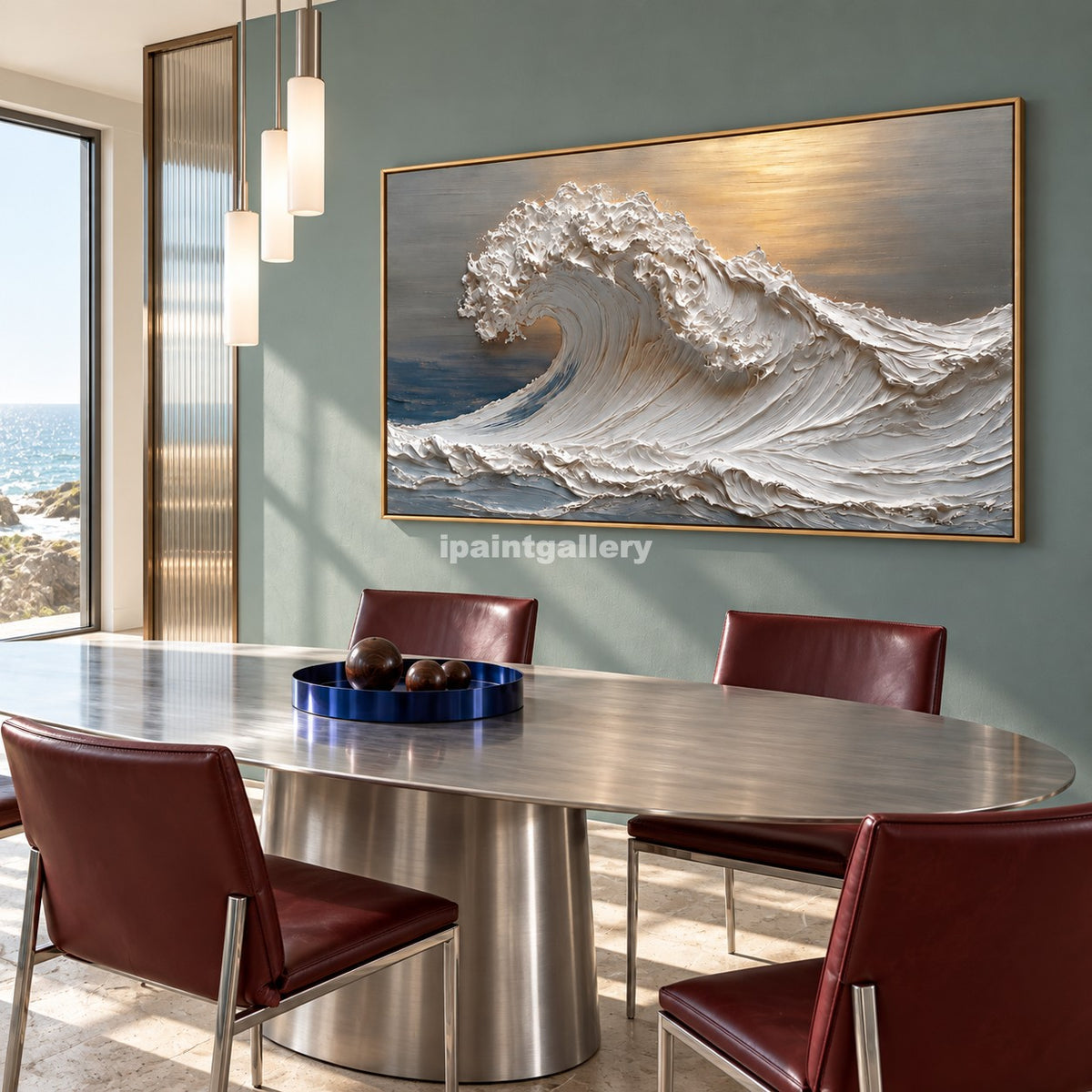 Golden Breaker – White Textured Ocean Wave Wall Art#LT29