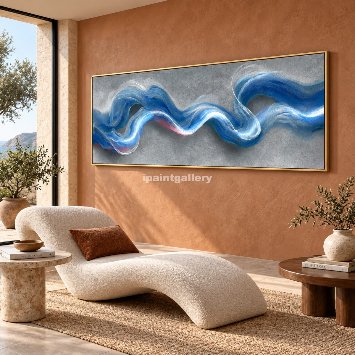 Tidal Rhythm – Blue and Silver Flowing Wave Wall Art#LT3