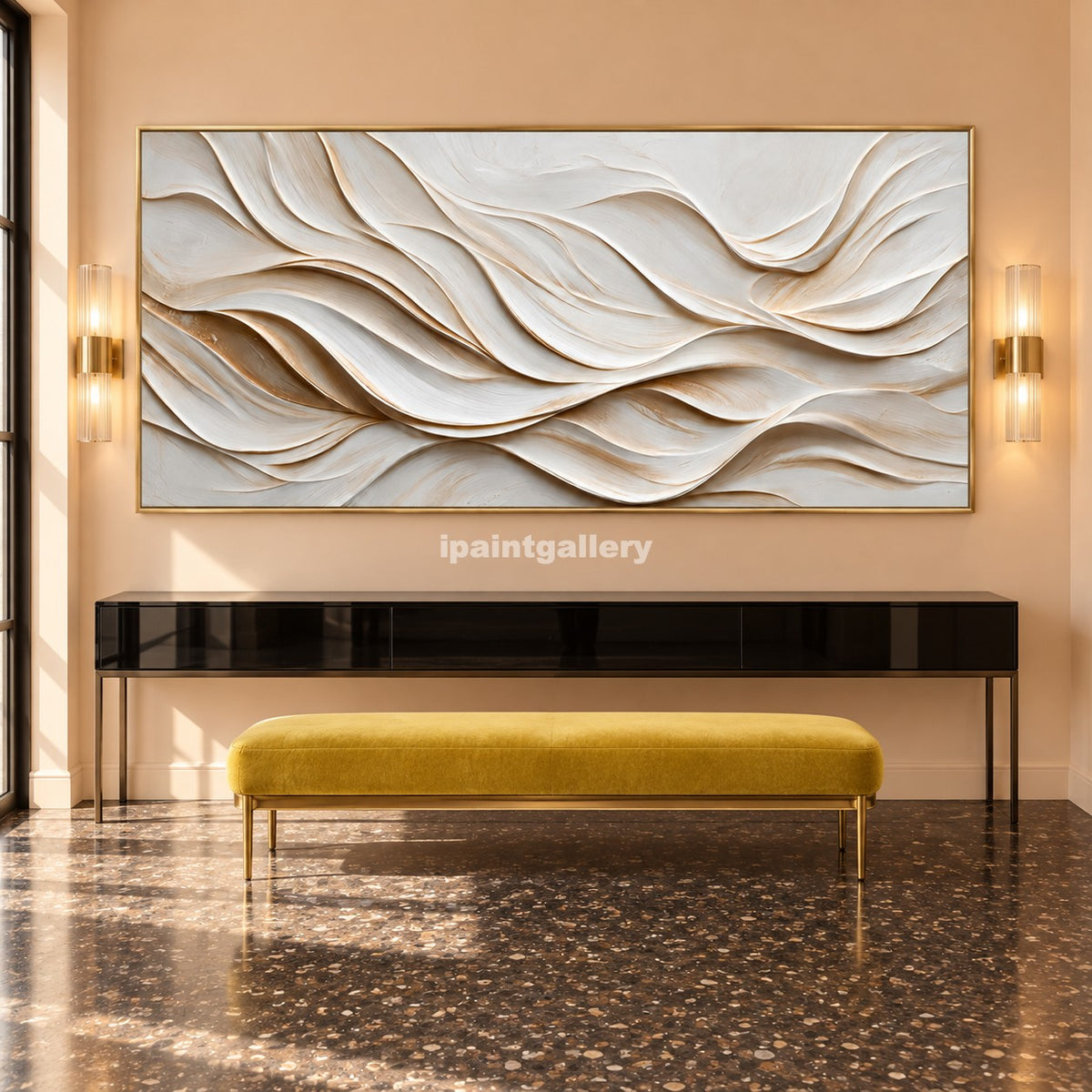 Gilded Ivory Currents – Cream and Gold Layered Wall Art#LT33