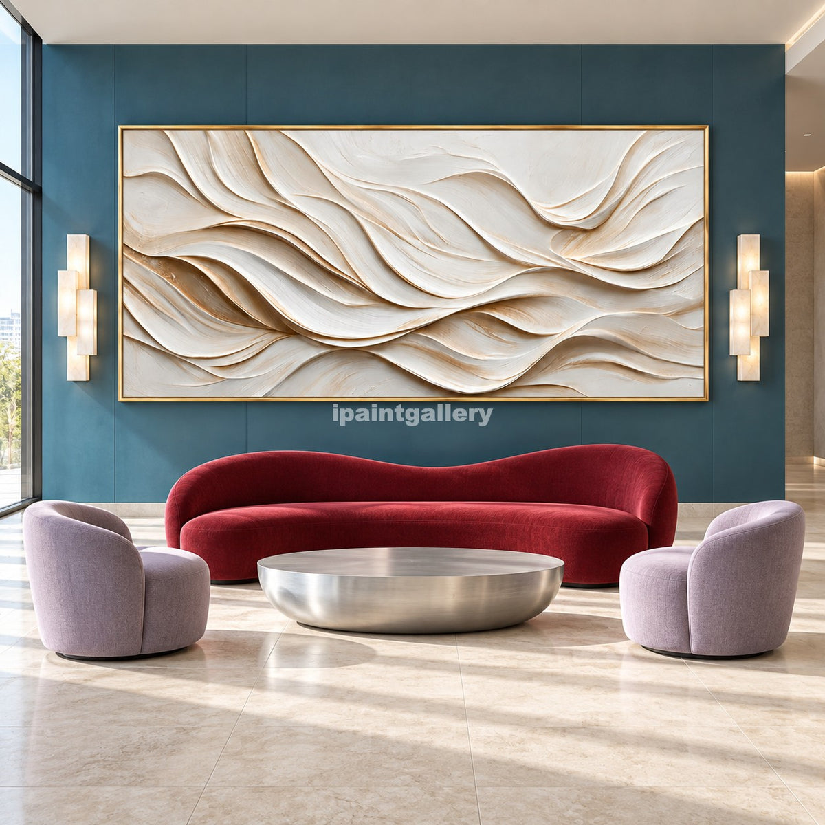 Gilded Ivory Currents – Cream and Gold Layered Wall Art#LT33