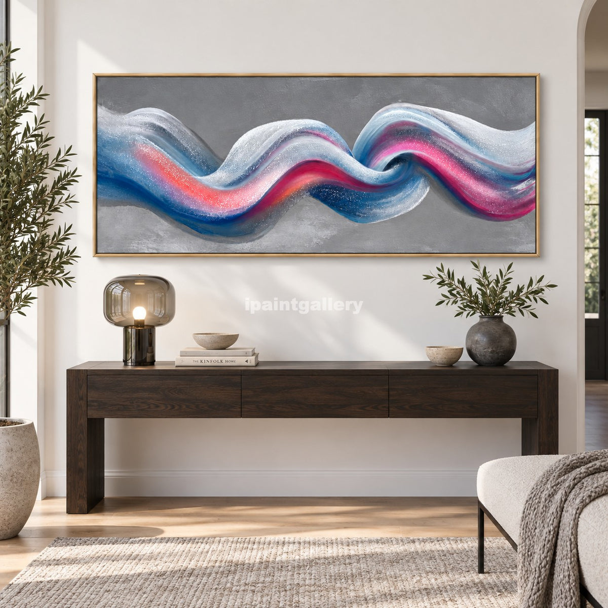 Chromatic Current – Blue, Pink and Silver Wave Wall Art#LT4