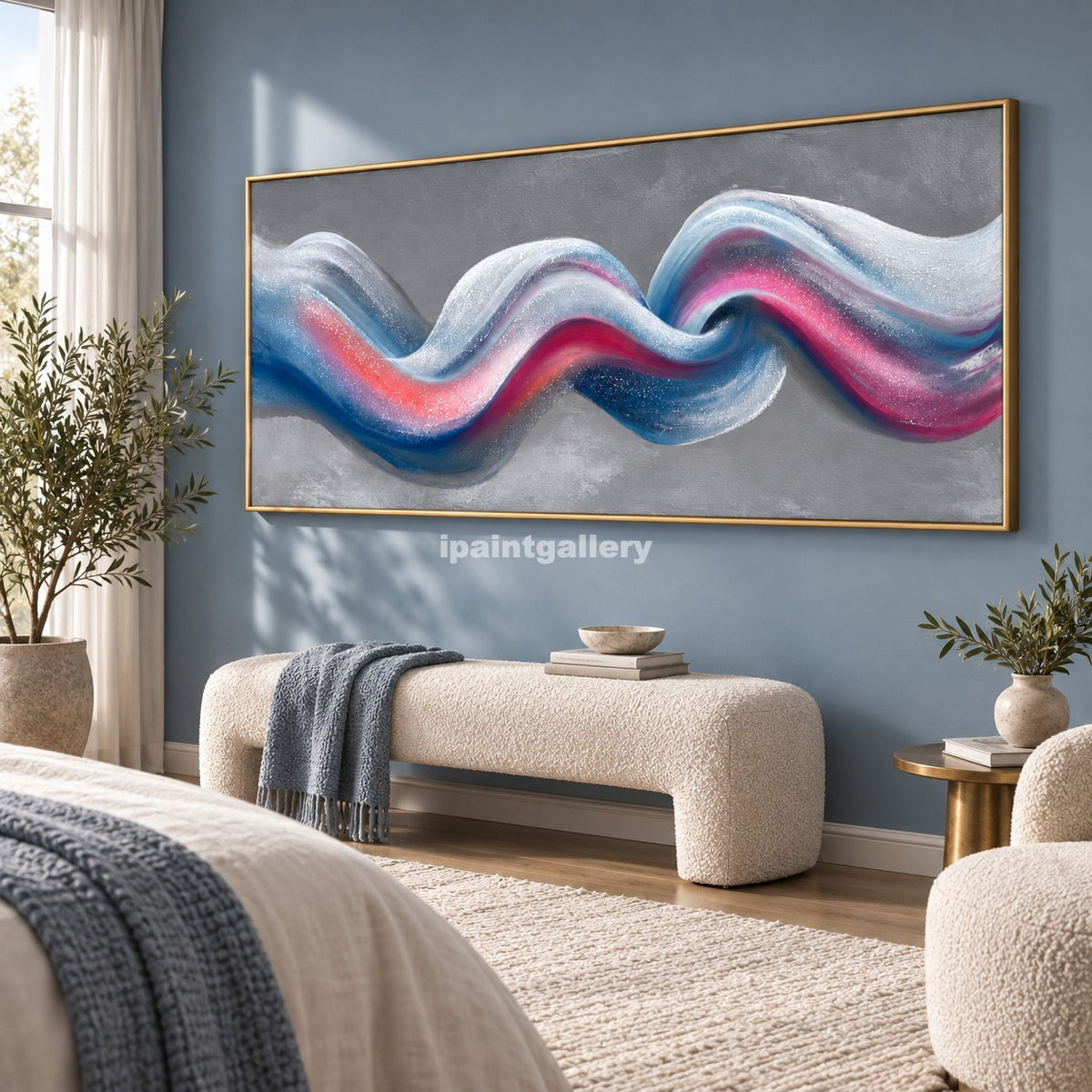 Chromatic Current – Blue, Pink and Silver Wave Wall Art#LT4