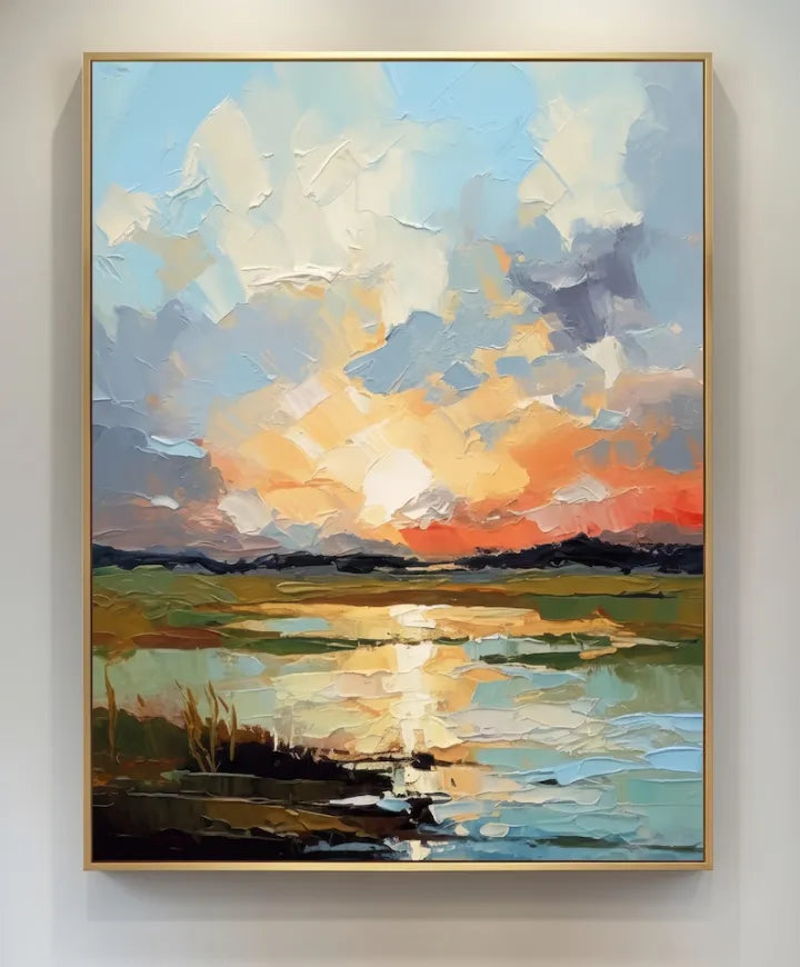 Golden Marsh Sunset – Textured Landscape Oil Painting#ip0921001