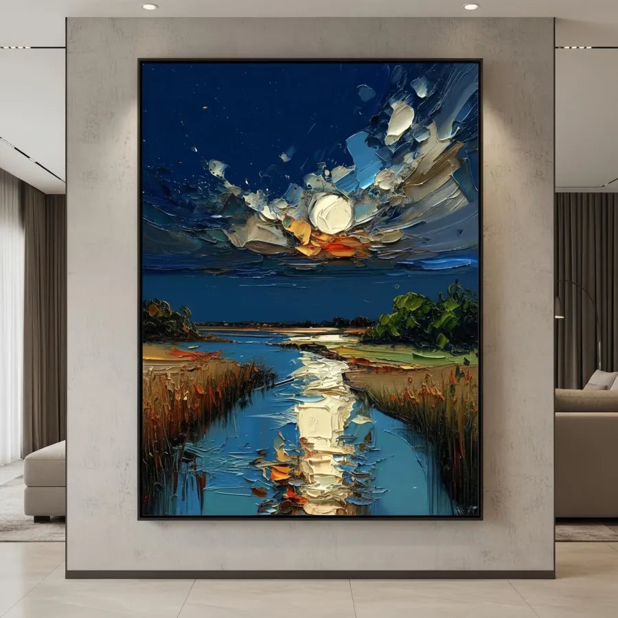 Moonlit River – Textured Night Landscape Oil Painting#ip0921002