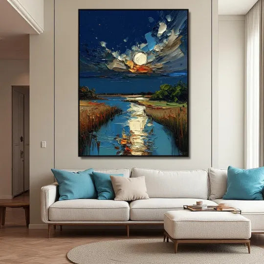 Moonlit River – Textured Night Landscape Oil Painting#ip0921002