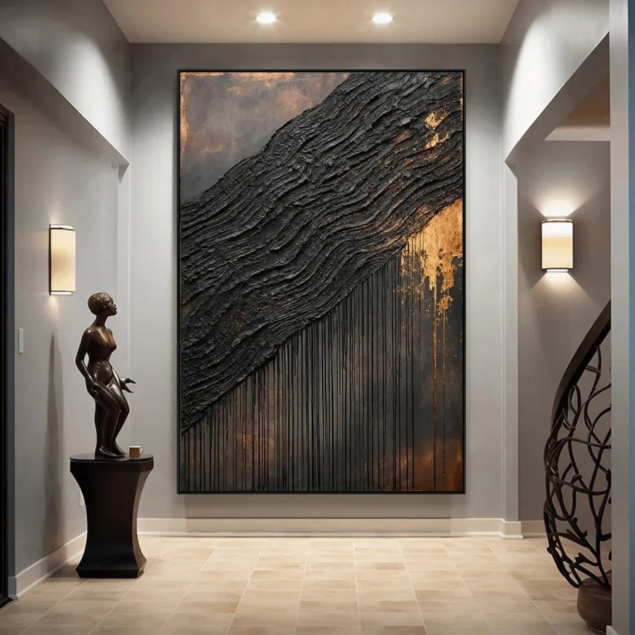 Gilded Tides – Black and Gold Textured Abstract Painting#ip0921003