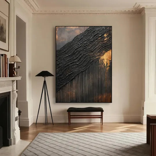 Gilded Tides – Black and Gold Textured Abstract Painting#ip0921003